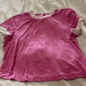 SKIMS Pink and White Short Sleeve Ringer Tee